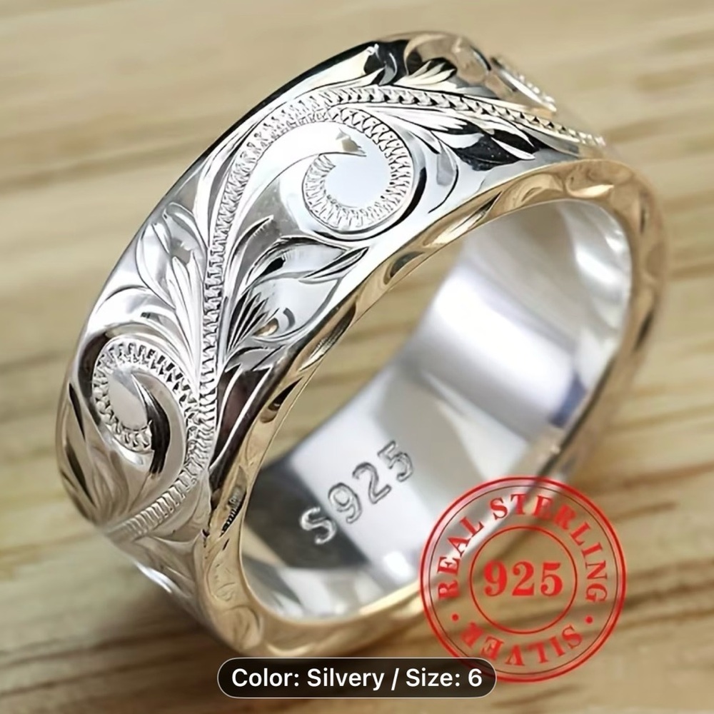 This is a sterling silver carved leaf hand-engraved men ring - Picture 4 of 16